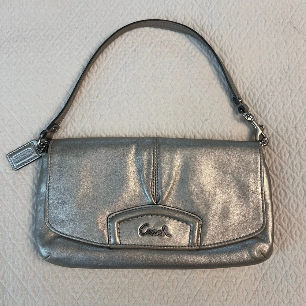 COACH Ashley Leather Wristlet Metallic Silver